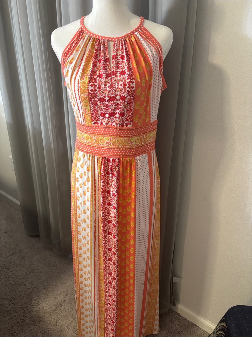 London Style Coral, Yellow and White Halter-Top Maxi Dress